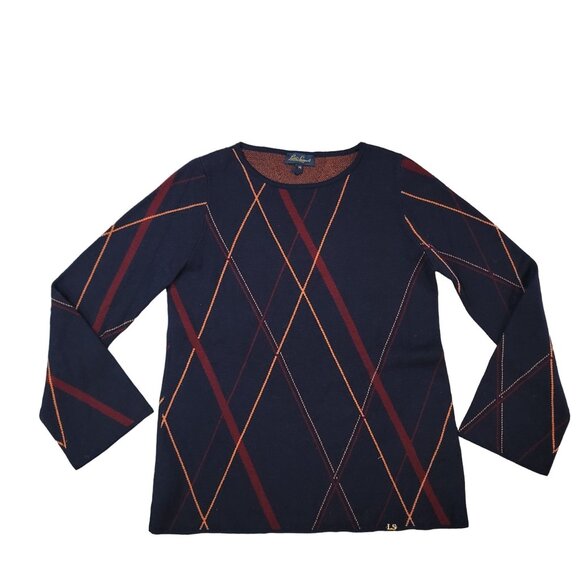 Luisa Spagnoli Pure New Wool Argyle Sweater M Navy/Red/Orange Made In Italy - Picture 1 of 8